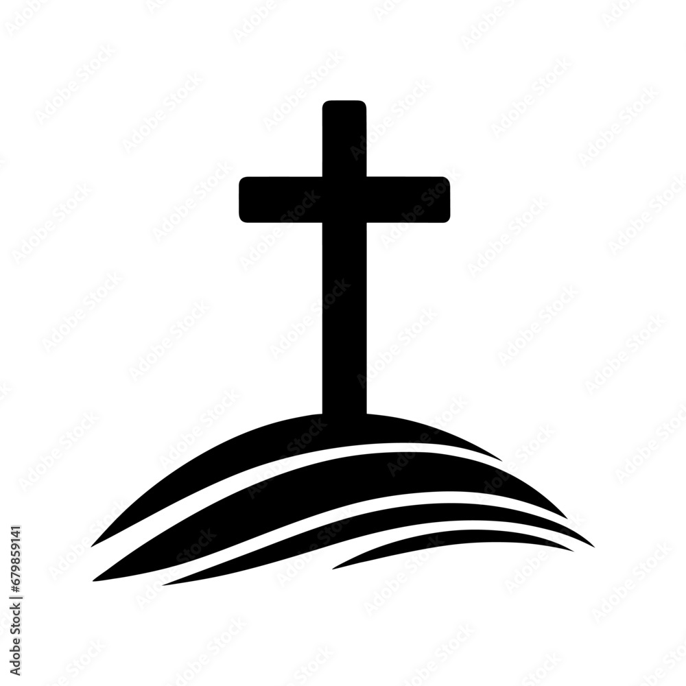 Black silhouette of a cross on Calvary hill. Religious icon on white background.