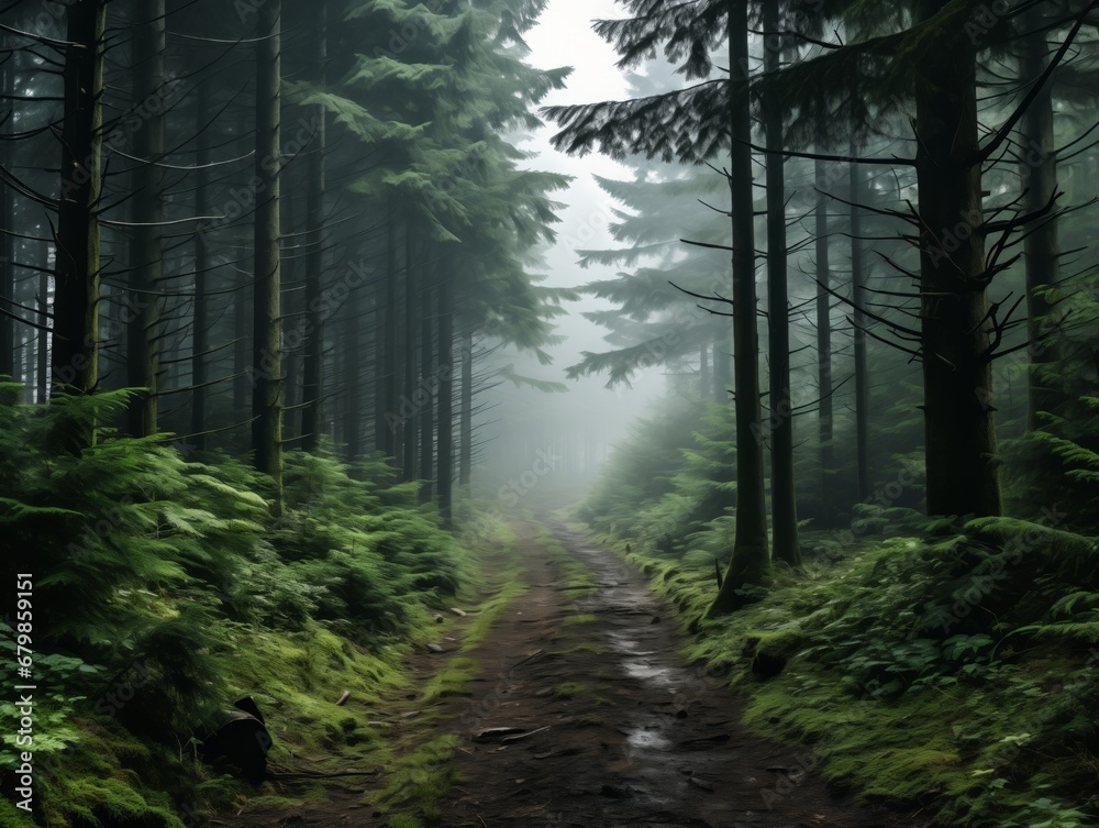 Fototapeta premium View of a Foggy Forest in the Mountains on a Cloudy Day