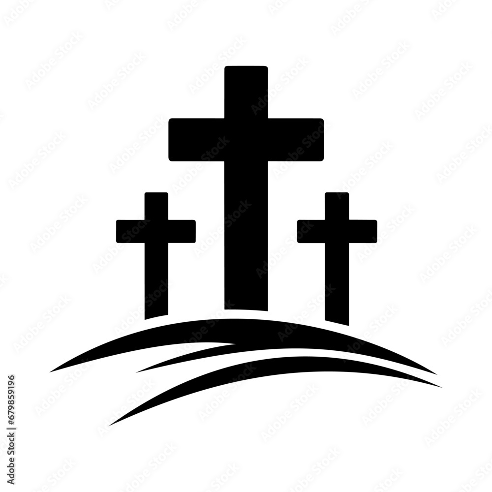 Calvary icon. Black silhouette of a crosses on Calvary hill. Religious icon Calvary icon. Black silhouette of a crosses on Calvary hill. Religious icon