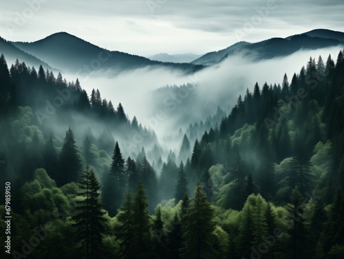 Aerial View of a Foggy Forest in the Mountains on a Cloudy Day