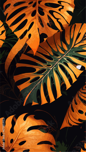 Bold Orange Monstera Leaf: Flat Vector Seamless Design