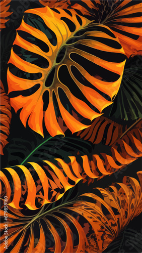 Seamless Monstera Leaves: Flat 2D Vector Pattern in Orange