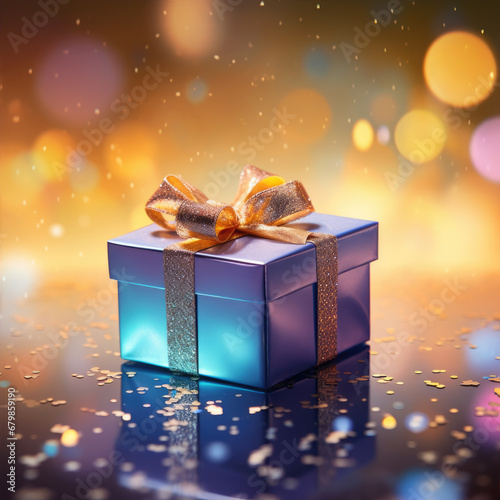 Christmas style Product podium scene with flying falling white gift box with gold bow. Merry Christmas and New Year festive banner design, greeting card. AI technology.