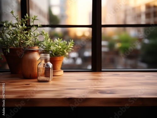 Blurred kitchen interior. Wooden table background of free space for your decoration and blurred background of kitchen. © D.Myts