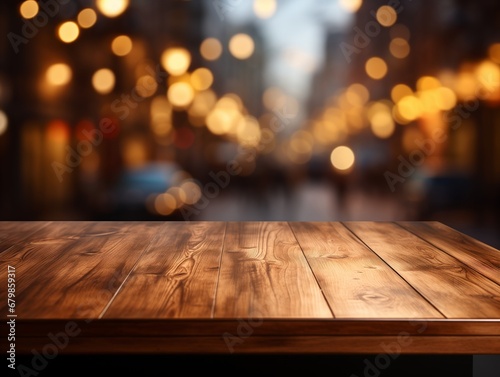 Empty wooden table with bokeh