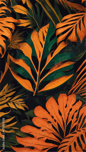Orange Monstera Leaf: Tropical Flat Vector Seamless Pattern