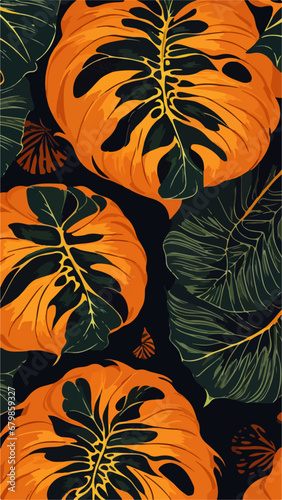 Flat 2D Monstera Leaves: Seamless Orange Pattern Background