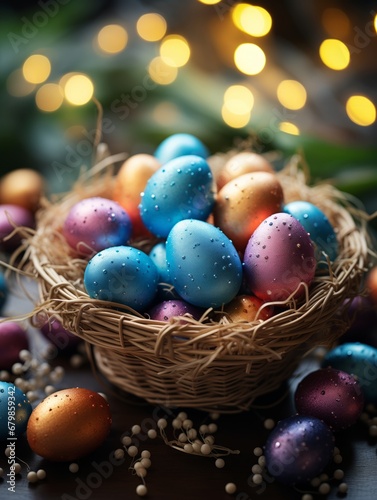 Colorful Easter Eggs on spring lights background