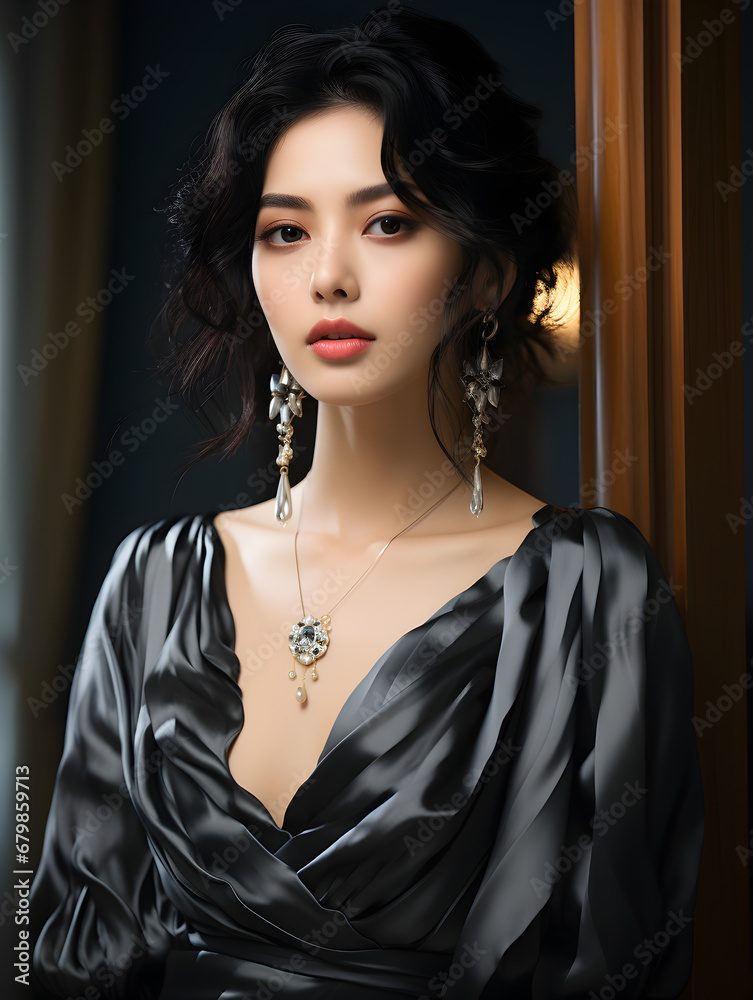Portrait of an Elegant  Woman Wearing Dress and Accessories Earrings Necklace