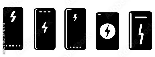 Power bank icons set. Black power bank icon in flat design on white background