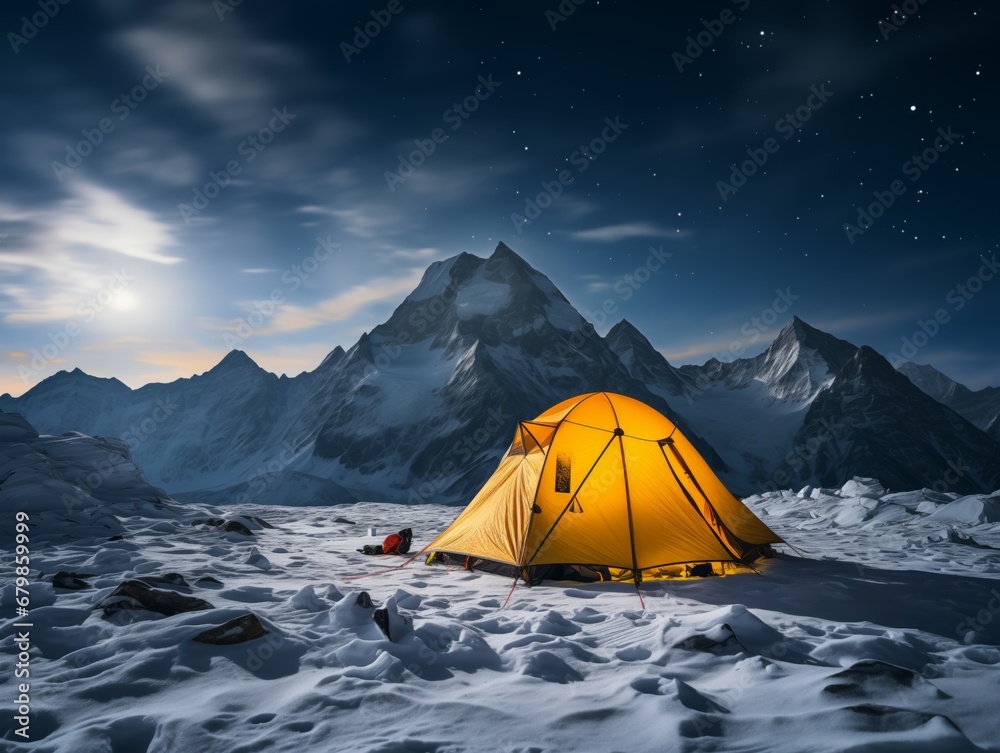 Snow-capped mountain tent at night