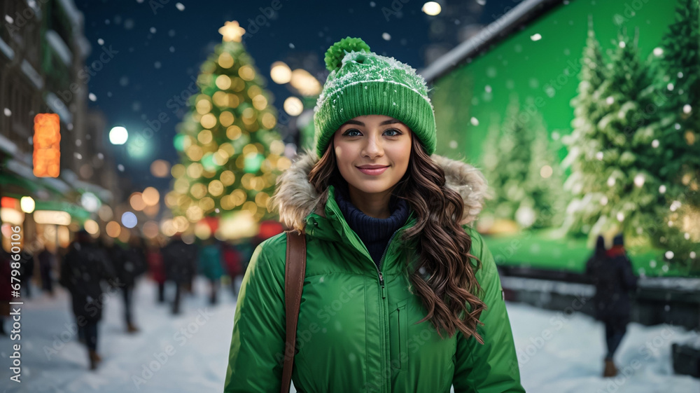 A beautiful woman in a winter green Christmas dress with a green Christmas hat A beautiful woman in a winter green Christmas dress with a green Christmas hat