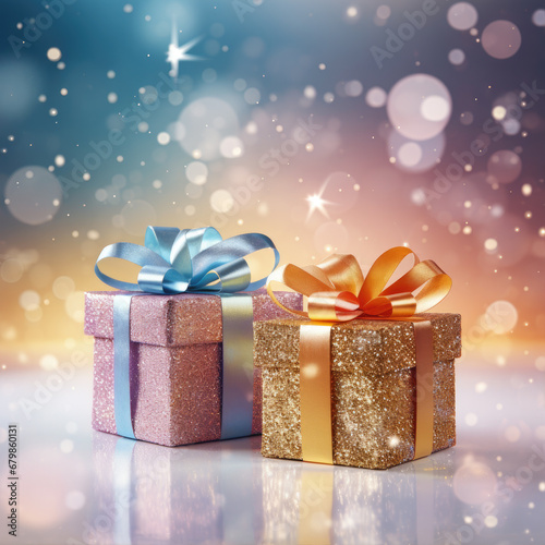 Christmas style Product podium scene with flying falling white gift box with gold bow. Merry Christmas and New Year festive banner design, greeting card. AI technology.