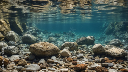 Rocks underwater on riverbed with clear freshwater © adynue