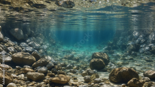 Rocks underwater on riverbed with clear freshwater