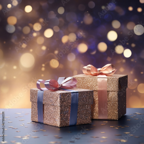 Christmas style Product podium scene with flying falling white gift box with gold bow. Merry Christmas and New Year festive banner design, greeting card. AI technology.