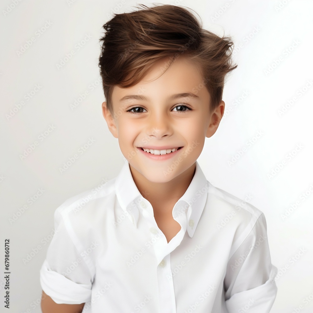 Charming Innocence: Portrait of a Smiling Cute Brunette Boy in White Shirt. Generative ai Charming Innocence: Portrait of a Smiling Cute Brunette Boy in White Shirt. Generative ai