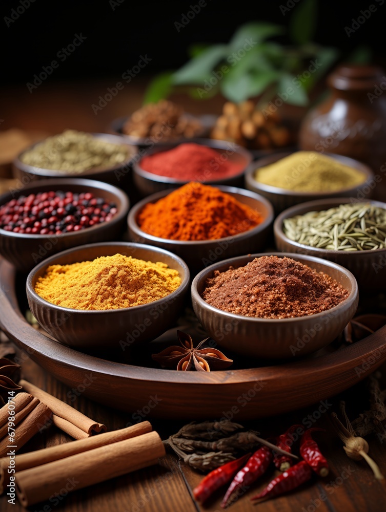 A colorful arrangement of spices and herbs on a wooden tray A colorful arrangement of spices and herbs on a wooden tray