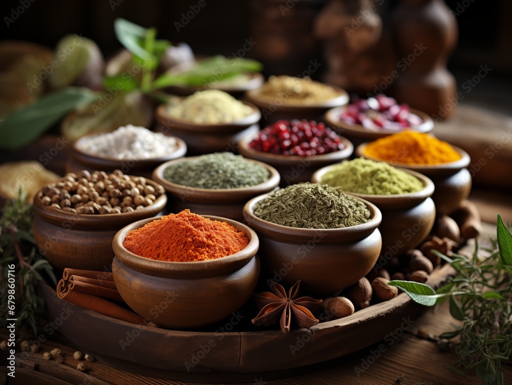 A colorful arrangement of spices and herbs on a wooden tray