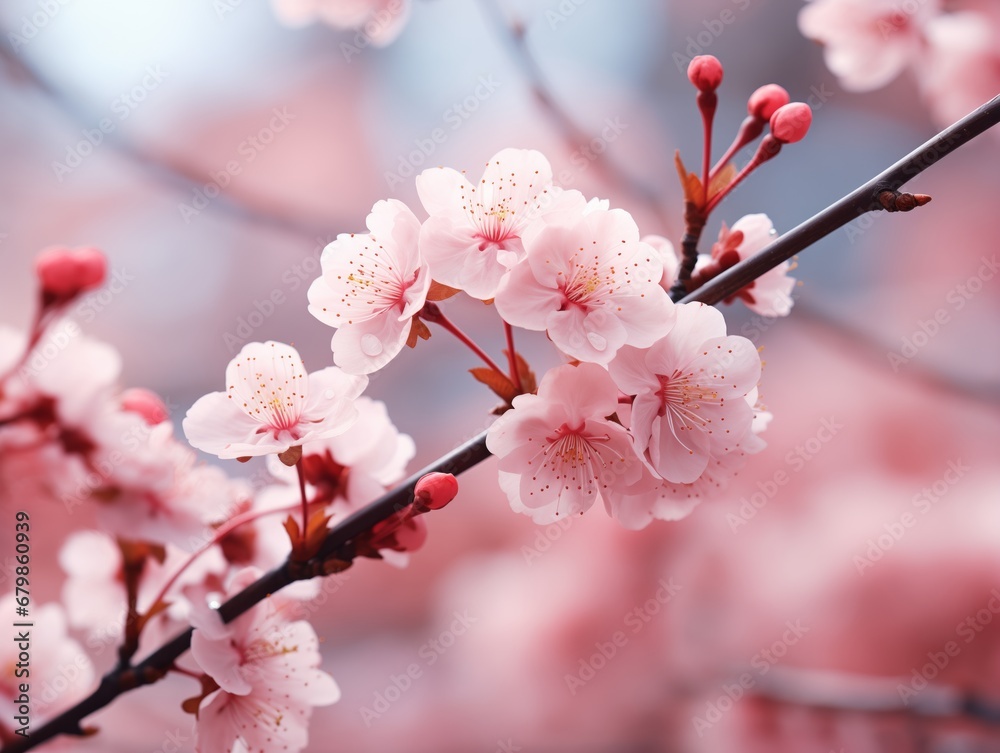 Pink cherry sakura blossom in spring on blur background.
