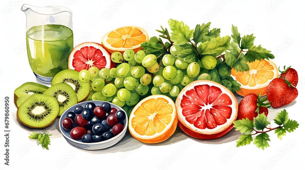 hand-drawn fresh fruits and berries, a bunch of ingredients for a fruit salad. white background. healthy dietary products. snacking, raw food, cooking. hand-drawn fresh fruits and berries, a bunch of ingredients for a fruit salad. white background. healthy dietary products. snacking, raw food, cooking.