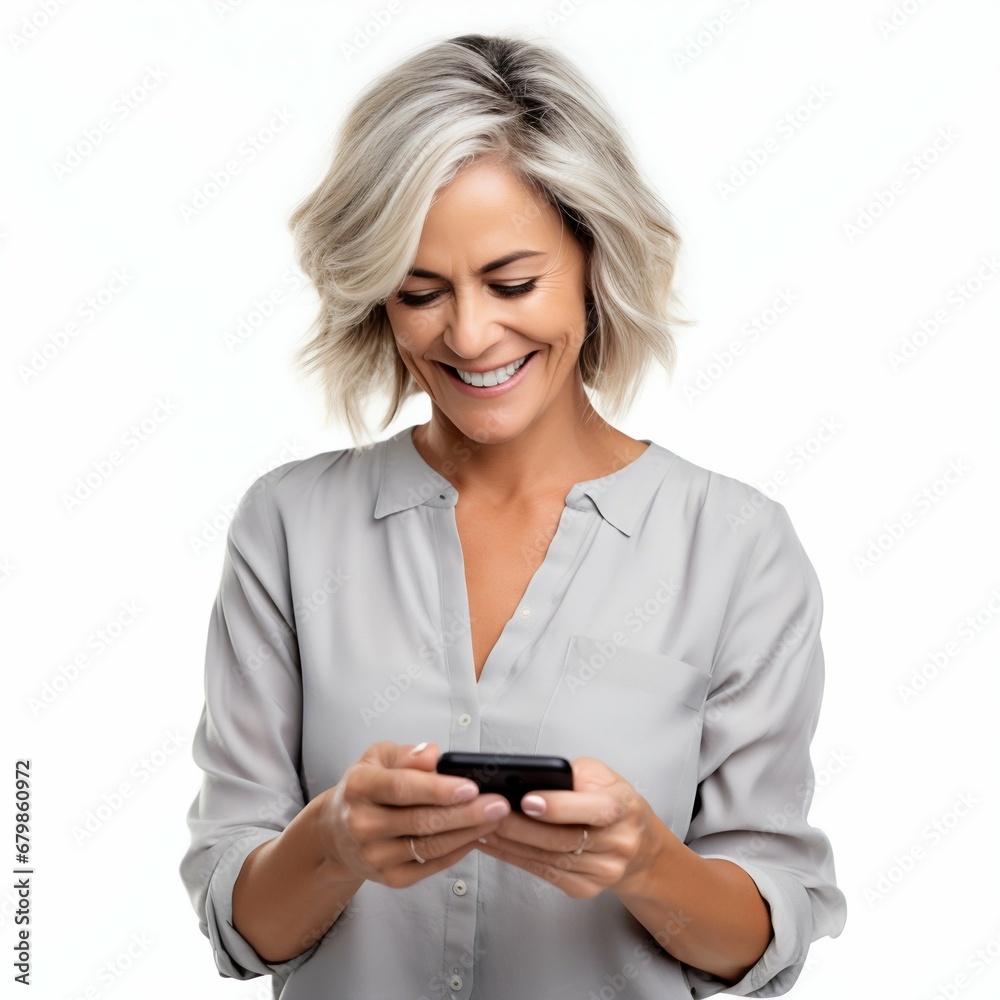 Connected World: Middle-Aged Woman Using Smartphone, Embracing Technology. Generative ai Connected World: Middle-Aged Woman Using Smartphone, Embracing Technology. Generative ai