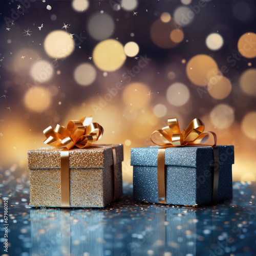 Christmas style Product podium scene with flying falling white gift box with gold bow. Merry Christmas and New Year festive banner design, greeting card. AI technology.