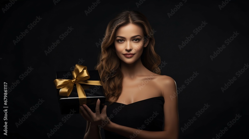 Elegant Mystery: Attractive Model with Black Gift Box for Black Friday. Generative ai