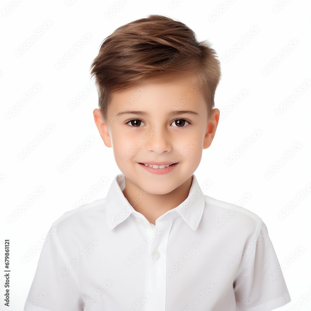 Charming Innocence: Portrait of a Smiling Cute Brunette Boy in White Shirt. Generative ai Charming Innocence: Portrait of a Smiling Cute Brunette Boy in White Shirt. Generative ai