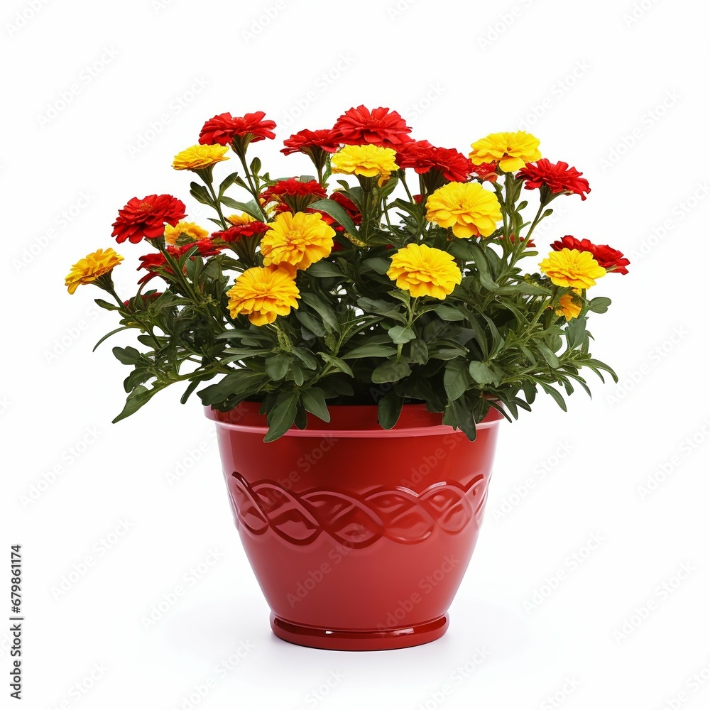 Vibrant Serenity: Marigolds in a Modern Ceramic Pot Isolated on White Background. Generative ai