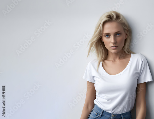 Young beautiful blonde woman with white mock up t-shirt