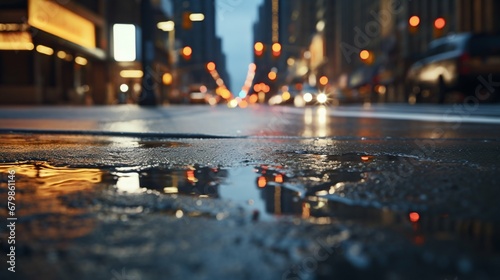 Urban Glow: Close-Up of City Lights Reflecting on New York Asphalt Road. Generative ai