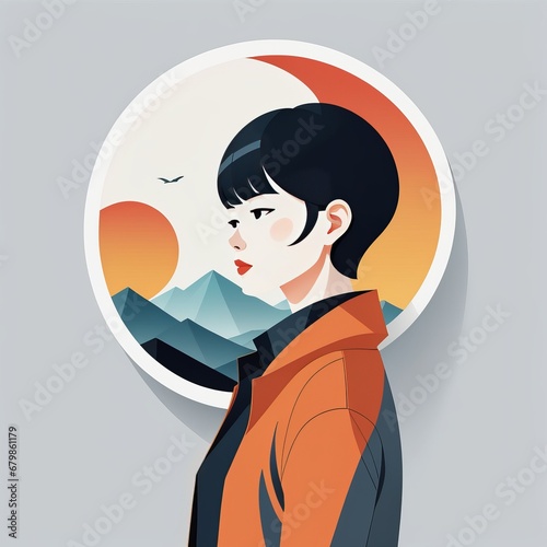 young woman standing on the mountain. modern flat style. vector illustration in trendy flat sty