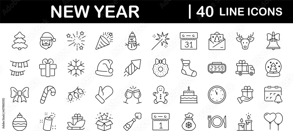 New year holiday set of web icons in line style. Merry Christmas and Happy New Year icons for web and mobile app. Winter, xmas, celebration, party, birthday, event, santa, tree, snow. Editable stroke