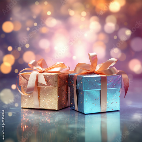 Christmas style Product podium scene with flying falling white gift box with gold bow. Merry Christmas and New Year festive banner design, greeting card. AI technology.