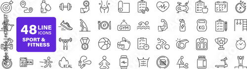 Sport and Fitness set of web icons in line style. Gym and fitness icons for web and mobile app. Healthy lifestyle, exercise, diet, nutrition, weight training, body care, workout. Editable stroke