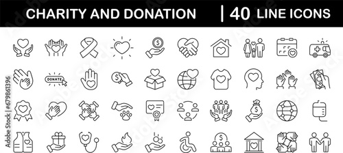 Charity and Donation set of web icons in line style. Volunteering and donation icons for web and mobile app. Help, caring, solidarity, alms, donate, volunteer, care, charity and more. Editable stroke