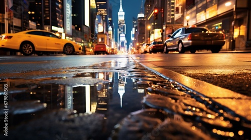 Urban Glow: Close-Up of City Lights Reflecting on New York Asphalt Road. Generative ai