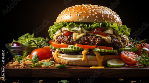 Delicious grilled burgers. Fresh tasty burger on dark background. generative ai