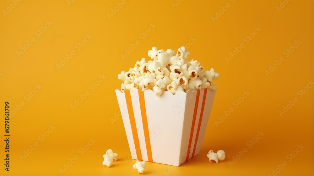 Popcorn in red and white striped cardboard bucket isolated on white background. generative ai