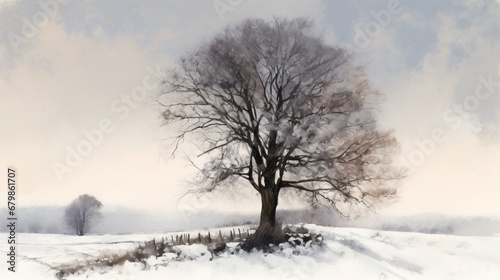 Painting singletree snow covered field beautiful art Ai generated art photo