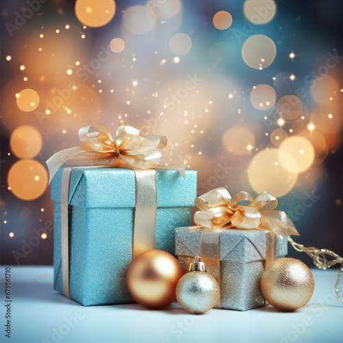Christmas style Product podium scene with flying falling white gift box with gold bow. Merry Christmas and New Year festive banner design, greeting card. AI technology.