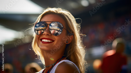 portrait of a woman in mirrored glasses on the stadium tribune. Fan of motorsport, football, rugby © Nataliya