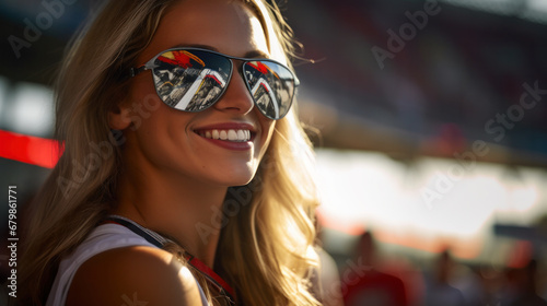 portrait of a woman in mirrored glasses on the stadium tribune. Fan of motorsport, football, rugby