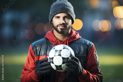 Fußball Torhüter mit Ball in der Hand und Handschuhe (Durch AI generiert)