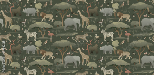 African animals in the habitat seamless pattern on dark background. Earthy color palette illustration. Exotic nature wallpaper for home decoration, fabric, postcard. © Anastasiia Neibauer