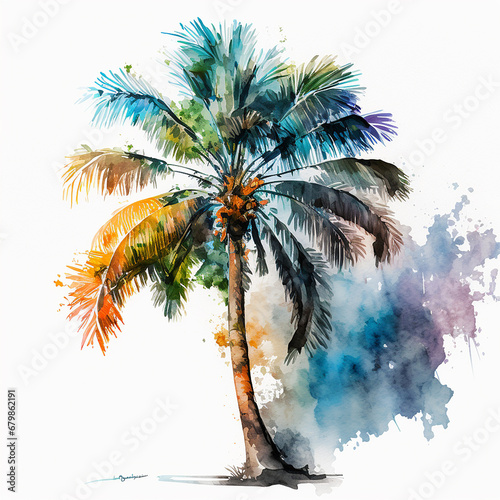 Palm tree watercolour beach drawing plan tropical illustration white background picture AI generated art