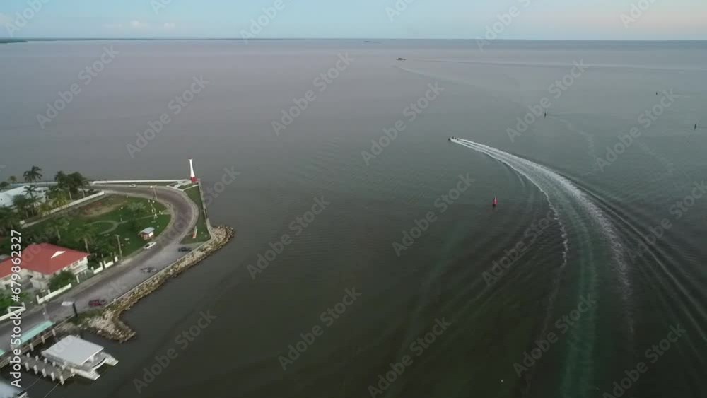 Sunset in Belize City and Downtown. Caribbean Country. Drone Point of View. Beautiful Skyline. Sunset in Belize City and Downtown. Caribbean Country. Drone Point of View. Beautiful Skyline.