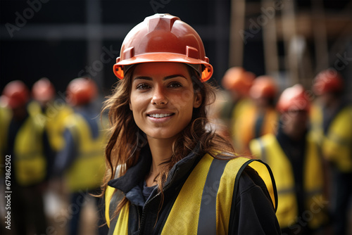 Frau auf der Baustelle mit Bauarbeiterhelm (Durch AI generiert) photo