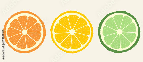 Set of citrus slices of lime, orange and lemon. Vector illustration.